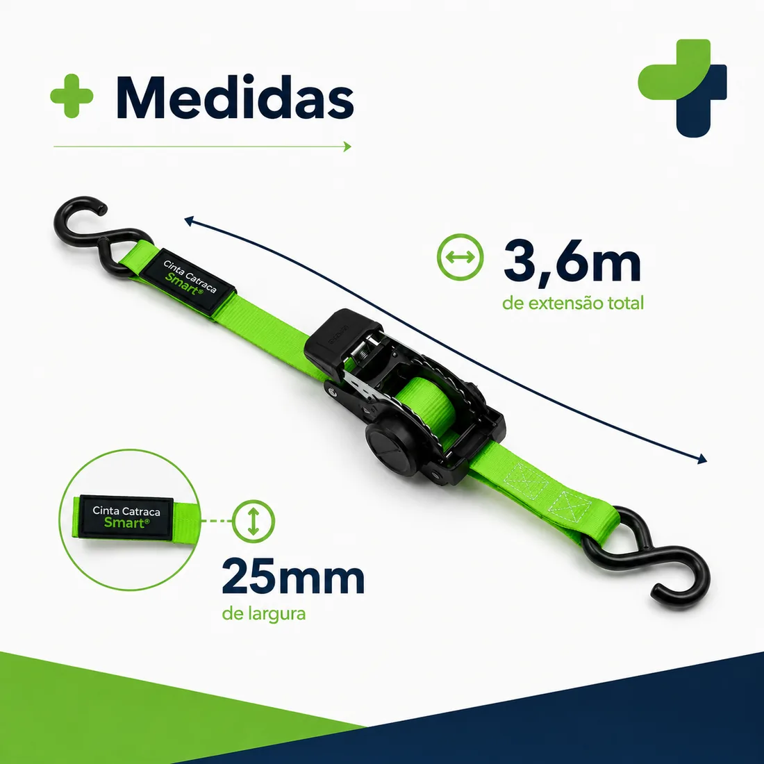 Medidas da cinta: 3,6 metros de extensão total e 25mm de largura